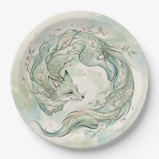 神秘的な狐の竜の水彩画 (1) ペーパープレート (正面)