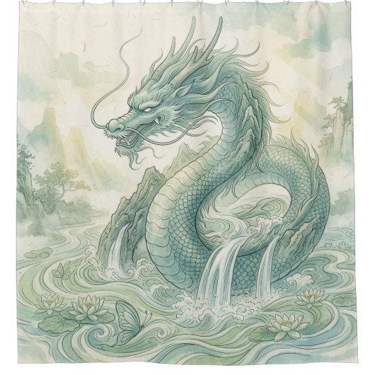 神秘的な狐の竜の水彩画 (2) シャワーカーテン (正面)