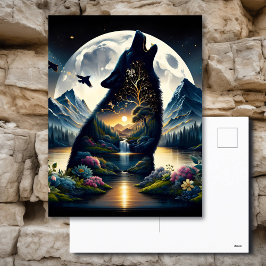神秘的な狼が月の超現実でハウリング ポストカード