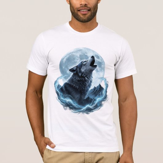 神秘的な狼の遠吠え 満月を仰ぐ - スピリット Tシャツ (正面)
