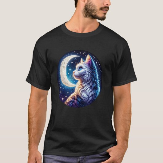 神秘的な猫が月明かりの夜を眺める Tシャツ (正面)