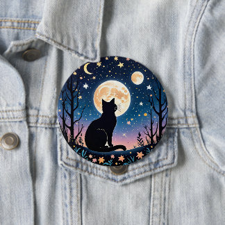 神秘的な猫と月のバッジ | かわいい夜空の猫のピンバッジ 缶バッジ