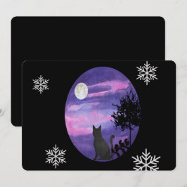 神秘的な猫と月夜 – 夢のような紫の夜の水彩画 招待状