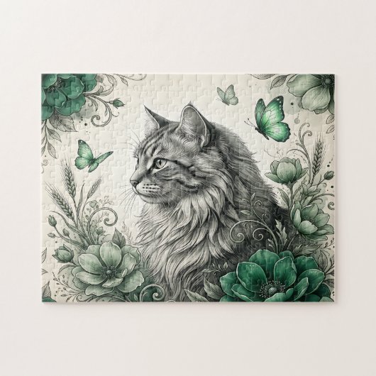 神秘的な猫と花 ジグソーパズル (横)