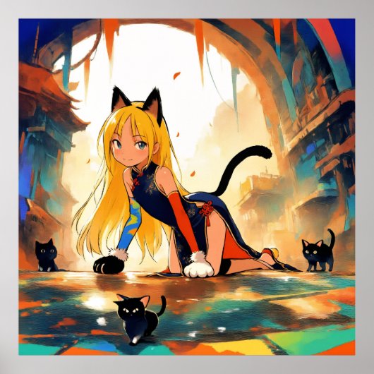 神秘的な猫ガール&子猫アニメポスター ポスター (正面)