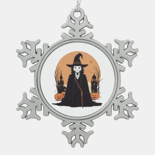 神秘的な猫 スノーフレークピューターオーナメント (正面)