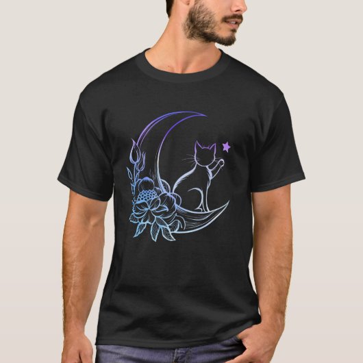 神秘的な猫 三日月 花のアクセント Tシャツ (正面)