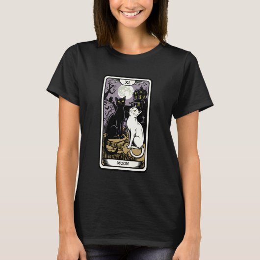 神秘的な猫 月下タロット風デザイン Tシャツ (正面)