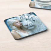 神秘的な白い虎と女性の魔法 コースター (左側)