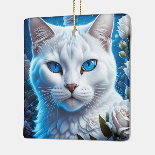 神秘的な白猫と青い目のクリスマス セラミックオーナメント (左)