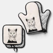 神秘的な白黒のサレムの猫 鍋つかみ&鍋敷きセット (正面/裏面)