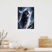 神秘的な白黒の子猫 |かわいい猫 ポスター (キッチン)