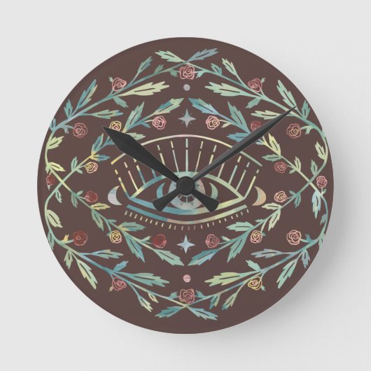 神秘的な目のバラつる植物マジカルボホカラフル ラウンド壁時計 (正面)