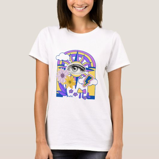 神秘的な眼 虹のアーチ カラフルな花のボホー Tシャツ (正面)