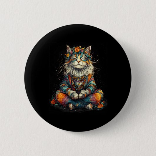 神秘的な瞑想猫 - ボヘミアン・禅アート - ヨガ 缶バッジ (正面)