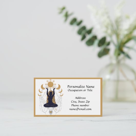 神秘的な禅ヨガ瞑想黒い金ゴールドムーンフェイズ 名刺 (スタンド正面)