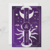神秘的な紫と銀の太陽と月 ウェディング 招待状 (裏面)