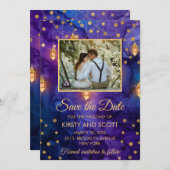 神秘的な紫の夜のランタン　ボケ　セーブ・ザ・デート 招待状 (正面/裏面)