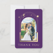神秘的な紫の金ゴールド太陽の月の星写真結婚の サンキューカード (正面)
