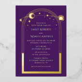 神秘的な紫の金ゴールド太陽の月の結婚星 箔招待状 (正面)