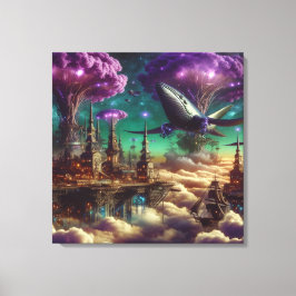 神秘的な紫色の未来的なファンタジーシティ キャンバスプリント