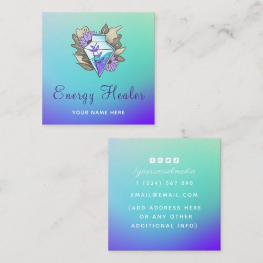 神秘的な紫色の緑のエネルギーヒーラーのグラデーシグラデーションョン スクエア名刺 (正面/裏面)