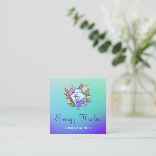 神秘的な紫色の緑のエネルギーヒーラーのグラデーシグラデーションョン スクエア名刺 (スタンド正面)