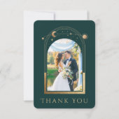 神秘的な緑の金ゴールド太陽の月の星の写真結婚の サンキューカード (正面)