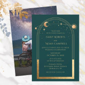 神秘的な緑の金ゴールド太陽の月の星の写真結婚の 招待状