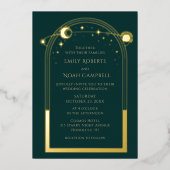 神秘的な緑の金ゴールド太陽の月の星の写真結婚の 箔招待状 (正面)