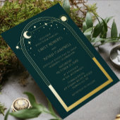 神秘的な緑の金ゴールド太陽の月の星の写真結婚の 箔招待状