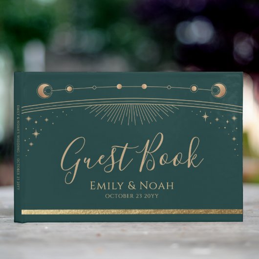 神秘的な緑の金ゴールド太陽ムーンスターズ結婚ズ ゲストブック (インサイチュ 室外)