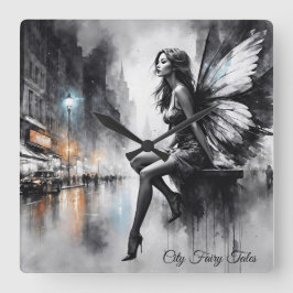 神秘的な翼の女の子の黒と白の都市 スクエア壁時計