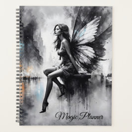 神秘的な翼の女の子の黒と白の都市 プランナー手帳