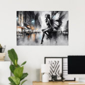 神秘的な翼の女の子の黒と白の都市 ポスター (ホームオフィス)