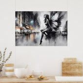 神秘的な翼の女の子の黒と白の都市 ポスター (キッチン)