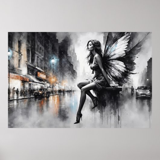 神秘的な翼の女の子の黒と白の都市 ポスター (正面)