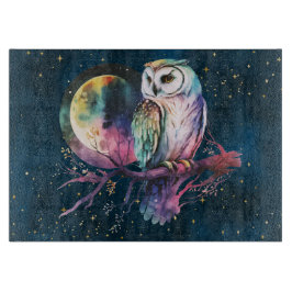 神秘的な虹のフクロウと満月の天体 カッティングボード