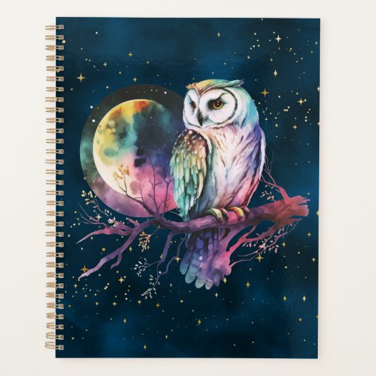 神秘的な虹のフクロウと満月の天体 プランナー手帳 (正面)