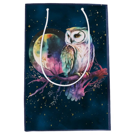 神秘的な虹のフクロウと満月の天体 ミディアムペーパーバッグ (正面)
