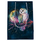 神秘的な虹のフクロウと満月の天体 ミディアムペーパーバッグ (裏面)