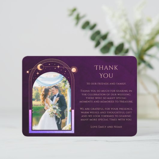 神秘的な虹の梅の太陽の月の星の写真結婚の サンキューカード (スタンド正面)