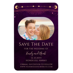 神秘的な虹色の梅の太陽と月の星のSave The Date マグネット