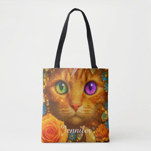 神秘的な虹色の目の猫の花の夢 トートバッグ (正面)