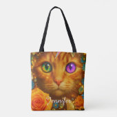 神秘的な虹色の目の猫の花の夢 トートバッグ (裏面)