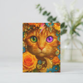 神秘的な虹色の目の猫の花の夢 ポストカード (スタンド正面)