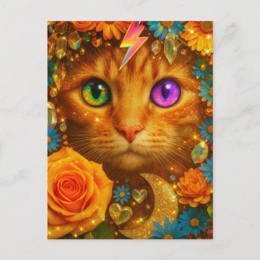 神秘的な虹色の目の猫の花の夢 ポストカード (正面)
