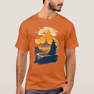 神秘的な街を眺める老いた旅人 ファンタジー Tシャツ