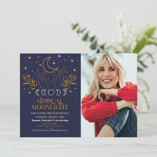神秘的な誕生日ネイビー写真ムーンセアンス・スピリッツ 招待状 (スタンド正面)