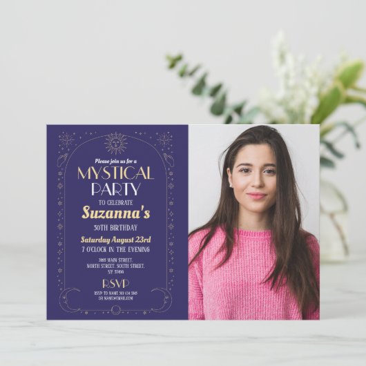 神秘的な誕生日ネイビー金ゴールドサンムーンパーティー写真 招待状 (スタンド正面)